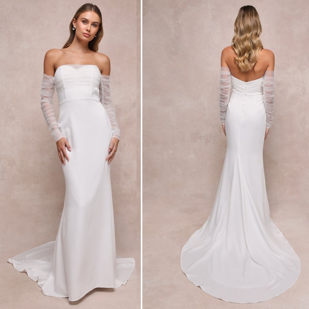 Lulu's White Off-the-Shoulder Long Sleeve Wedding Dress